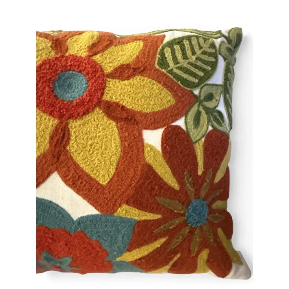 Pier 1 Imports Pillow Floral Embroidered Lumbar 19X13 Boho 3D Flower Applique
